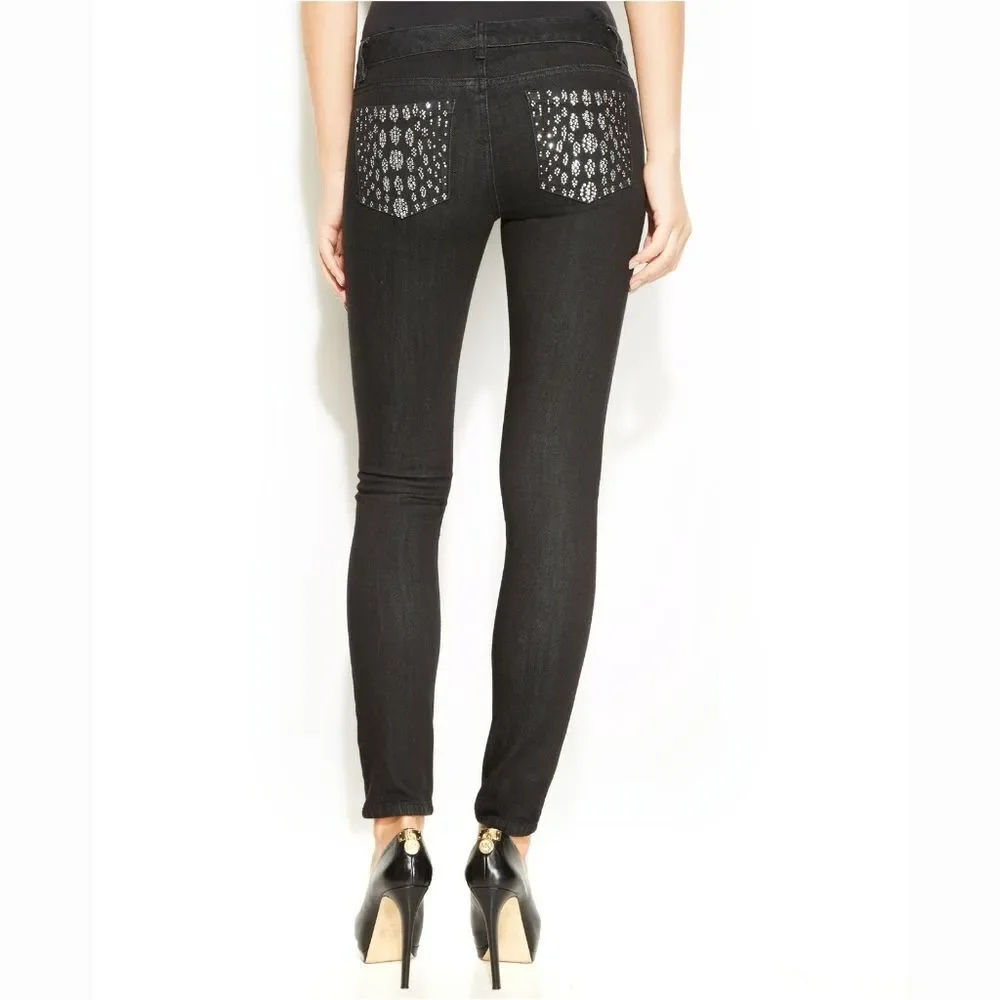New! MICHAEL KORS Rhinestone Studded Pocket Black Skinny Jeans Slim 6 Low Rise